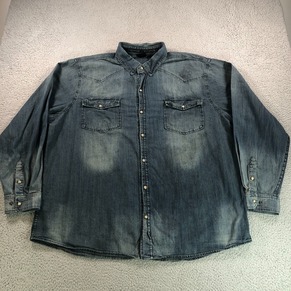 Harley Davidson Shirt Mens 3XL Blue Denim Western Pearl Snap Biker Long Sleeve - Picture 2 of 11